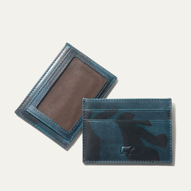 Will Leather Goods blue camo leather front pocket card case, front and back views shown together in a flat lay, with mesh ID window