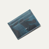 Close-up of the blue camo leather card case's mesh ID window and front pocket