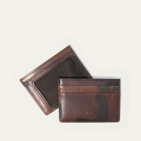 Will Leather Goods brown camo leather front pocket card case, front and back views shown together in a flat lay, with mesh ID window