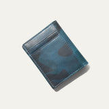 Angled close-up of the blue camouflage leather on the closed Military Front Pocket wallet, showing the mottled camo pattern and stitching.