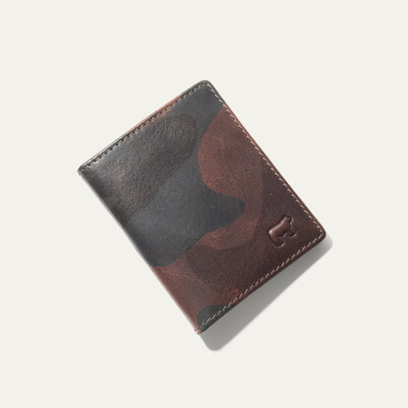 Closed view of the Military Front Pocket wallet in green camouflage leather with embossed WILL cattle logo, on a white background.