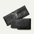Companion Billfold Wallet by WILL Leather Goods in black leather, bifold open showing multiple card slots and a separate detachable front-pocket card case with embossed WILL Leather Goods logo.
