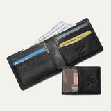 Companion Billfold Wallet by WILL Leather Goods in black leather, open with cash and cards fanned out, paired with the detachable front-pocket card case holding an ID.