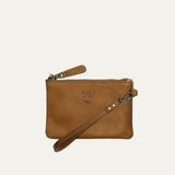 Will Leather Goods tan leather small zip pouch, flat lay with wristlet strap