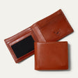 Will Leather Goods Classic Billfold Wallet in amber/cognac leather, open interior showing card slots, a clear ID window, and closed exterior view, on a white background.