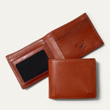 Will Leather Goods Classic Billfold Wallet in amber/cognac leather, open interior showing card slots, a clear ID window, and closed exterior view, on a white background.