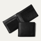 Will Leather Goods Classic Billfold Wallet in black leather, open interior showing card slots, a clear ID window, and closed exterior view, on a white background.