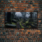 Moss Covered Cemetary, Haunted Graveyard Photography, Halloween Decor, Framed Canvas Print, Halloween Wall Art