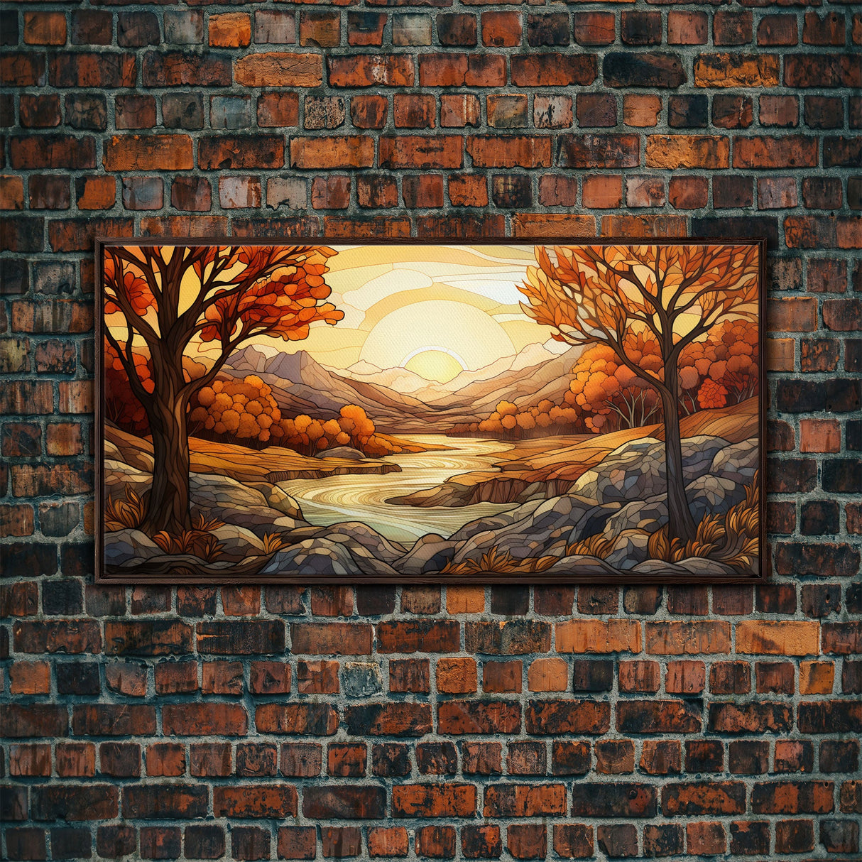 Fall Centerpiece Landscape Painting Canvas Print, Stained Glass Style Art, Stained Glass Wall Art, Autumn Decor, Rustic Fall Art, Fall Decor