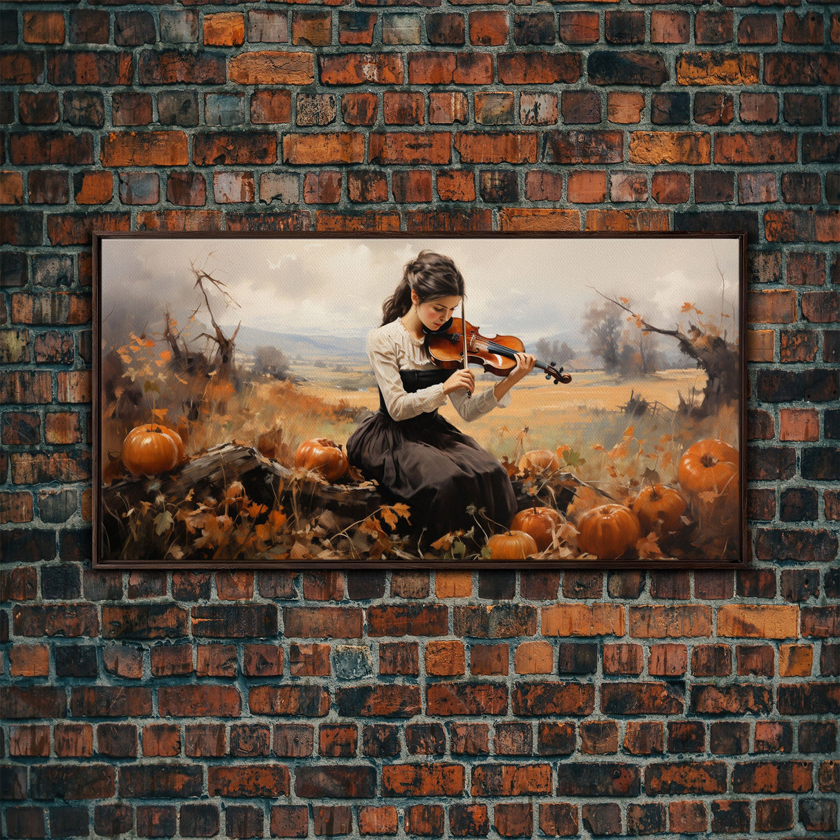 Girl Violinist, Fall Wall Decor, Pumpkin Decor, Canvas Print, Wall Hanging, Panoramic Art, Country Home Decor, Violin Wall Art, Gift For Her