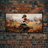 Girl Violinist, Fall Wall Decor, Pumpkin Decor, Canvas Print, Wall Hanging, Panoramic Art, Country Home Decor, Violin Wall Art, Gift For Her