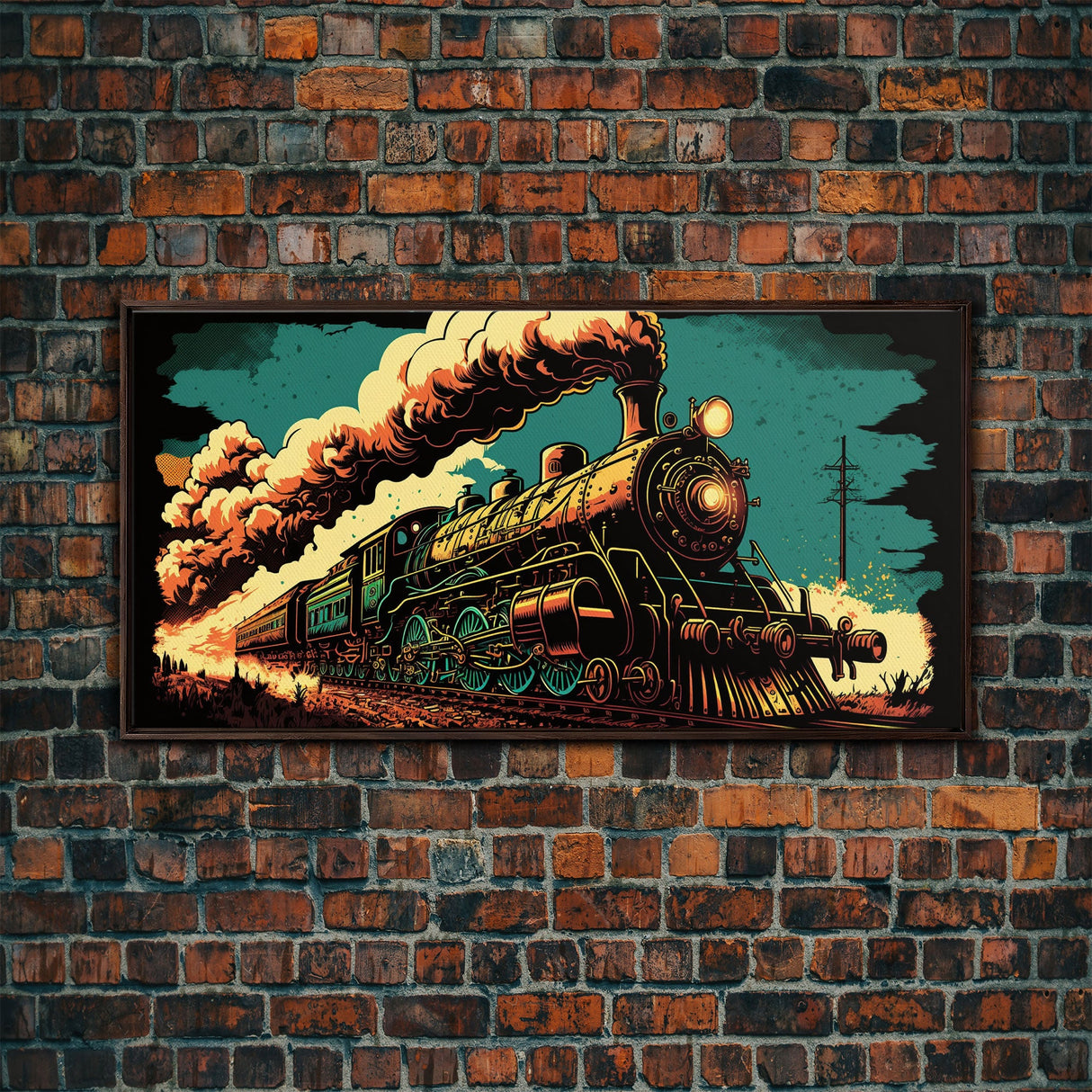 Pop Art Steam Train, Framed Canvas Print, Cool Wild West Decor, Western Art, Framed Colorful Pop Art
