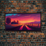 Synthwave Style Farmhouse Art, Dirt Roads, Country Roads, Sunset Art, Framed Wall Art, Canvas Print, Watercolor Wall Art Original Painting