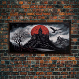 Horror Art, Haunted Castle and Blood Moon, Framed Canvas Print, Goth Art, Gothic Decor, Cool Wall Art