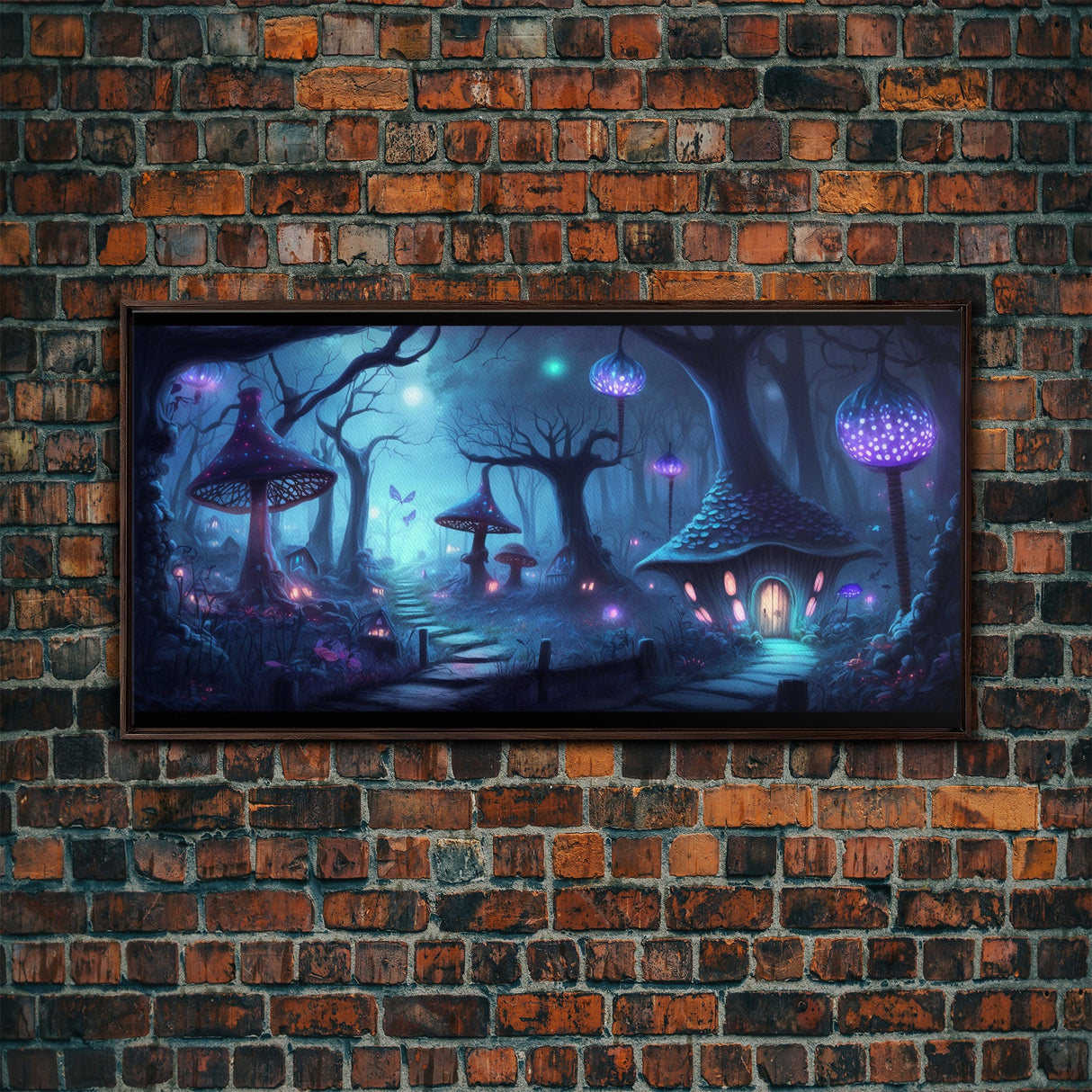 Magical Mushroom Fantasy Forest Wall Art, Framed Canvas Print, Game Room Art, Fantasy Decor