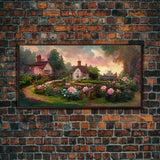 English cottage with rose garden, canvas print, cute English countryside wall art