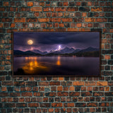 Full moon canvas print, Lightning storm over a mountain lake at night, cool wall art, awesome wall art