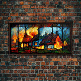 Stained Glass Cottage On Fire, Canvas print, negative art, house on fire depicted in stain glass, cool wall art