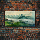 Green Blue Foggy Mountain Valley Watercolor Canvas Art Print, Panoramic Misty Rolling Hills Landscape, Extra Large Panorama Print