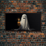 Silly Ghost Holding A Candle, Framed Canvas Print, Dark Academia Wall Art, Victorian Oil Painting Style Halloween Wall Art, Ghost Print