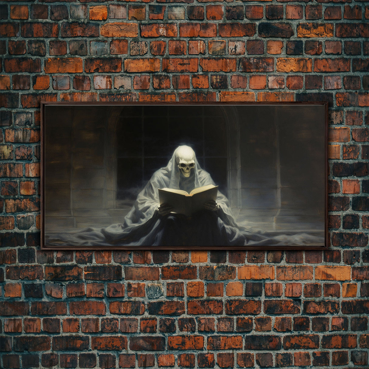 Grim Reaper Reading A Book In A Haunted Library, Framed Canvas Print, Victorian Oil Painting Style, Spooky Halloween Decor, Goth Art