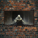 Grim Reaper Reading A Book In A Haunted Library, Framed Canvas Print, Victorian Oil Painting Style, Spooky Halloween Decor, Goth Art