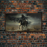 Ghost Cowboy Art, Framed Canvas Print, Halloween art, spooky decor, cowboy art, western decor, grim reaper on a horse in the desert