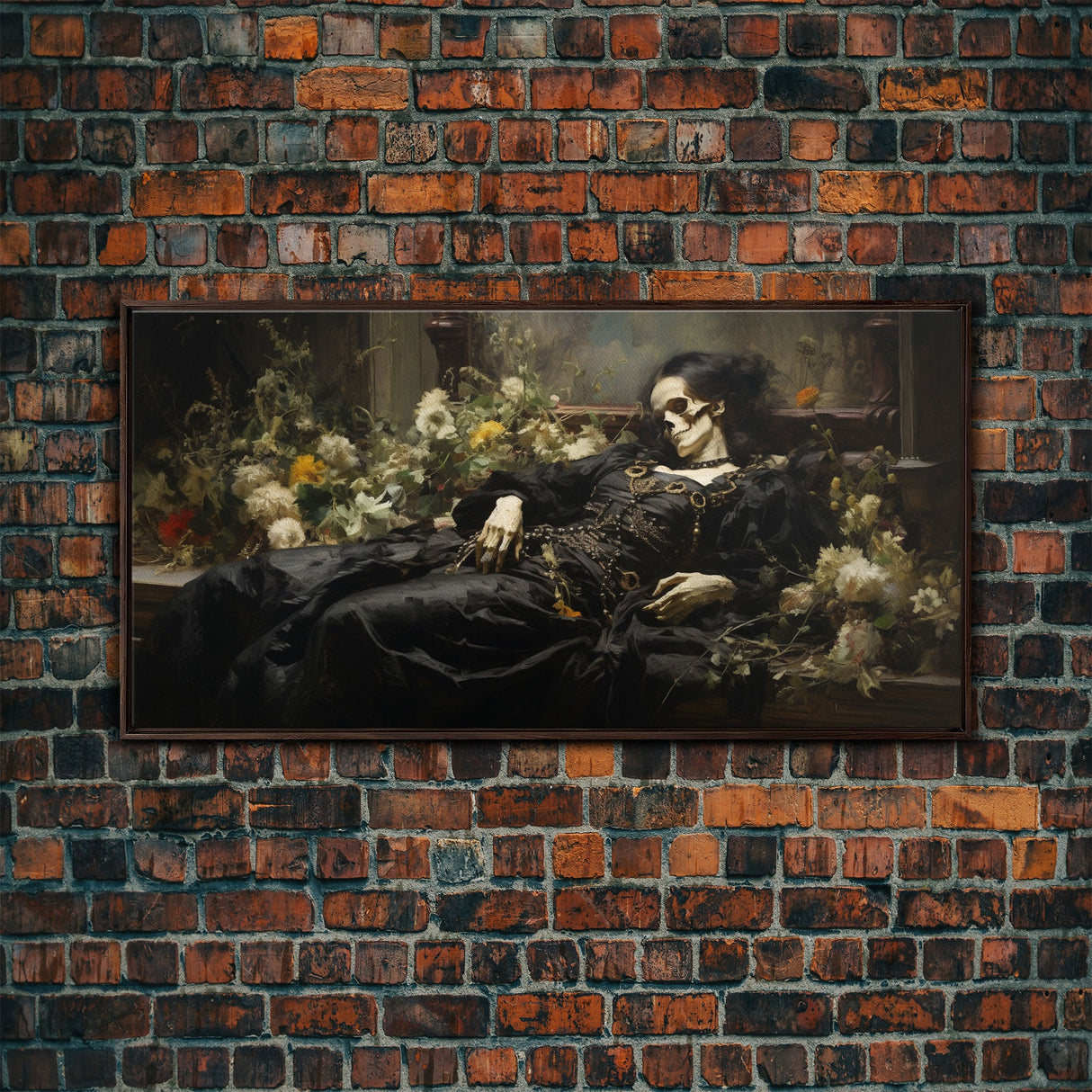 I'll Just Take A Quick Nap, Framed Canvas Print, Creepy Victorian Oil Painting, Halloween Art Prints, Skeleton Painting