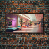 The Mall Before Opening On A Saturday Morning, Framed Canvas Print, Retro Vaporwave Aesthetic 1980s Vibes Wall Art