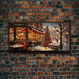 Retro 50s Diner Decorated For Christmas, Framed Canvas Print, Christmas Wall Art, Christmas Decor, Mom Christmas Gift, Christmas Village