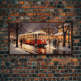 Retro Red Trolley Car Decorated For Christmas, Framed Canvas Print, Christmas Wall Art, Christmas Decor Mom Christmas Gift Christmas Village