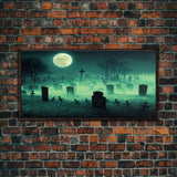 Halloween Cemetery At Night, Full Moon, Spooky Creepy Graveyard, ready to hang canvas print wall art