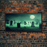 Full Moon Over A Haunted Cemetery At Night, Spooky Creepy Graveyard, ready to hang canvas print wall art, Halloween Art