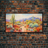 Southwestern Desert Landscape Print, Floral Print, Framed Canvas Art, Vibrant Cactus Desert Art, Mid-Century Modern, Pastel Desert Art