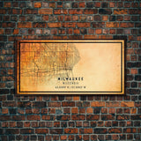 Milwaukee Wisconsin Street Map Wall Art, Framed Canvas Print, Wisconsin Map Print Poster and Canvas, Milwaukee City Office Wall Art