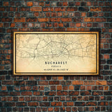 Panoramic Vintage Style Bucharest City Map Wall Art Canvas Print, Distressed Bucharest Map, Framed Art, Cool Travel Wall Art, Office Art