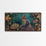 Victorian Witch and her Tortoise Familiar | Framed Canvas Print | Dark Academia Wall Art | Victorian Style Halloween Art