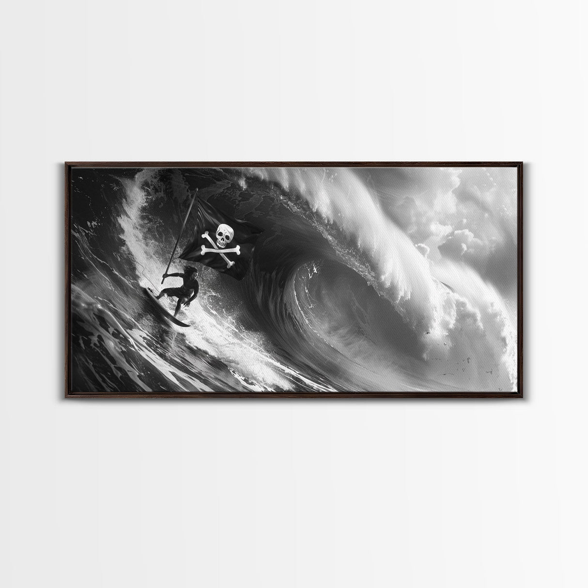 Pirate Surf - Framed Canvas Print - Black & White Photography Style Wall Art - Skull and Cross Bones Wall Art - Manly Decor - Mancave