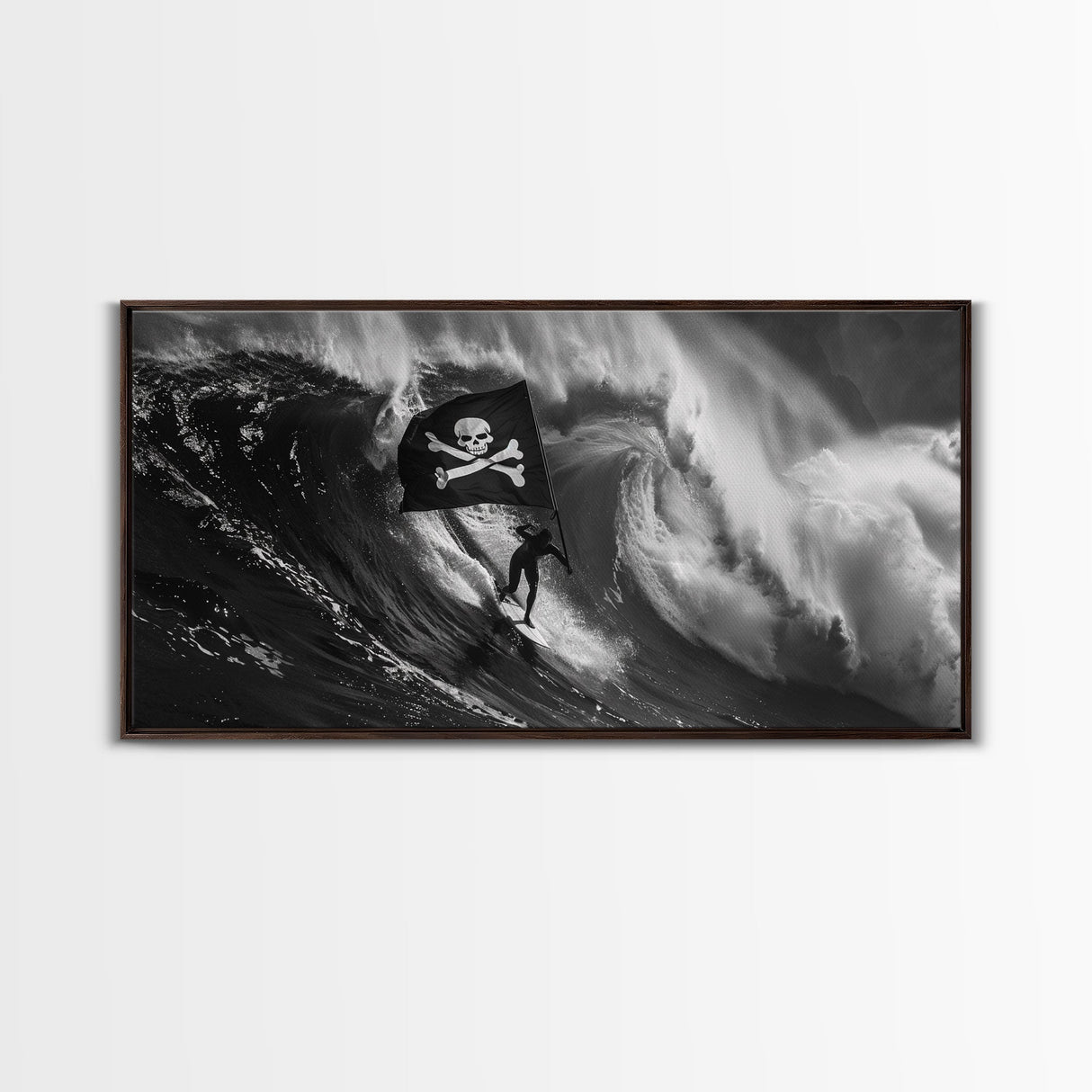 Surfer Waving A Skull and Crossbones Flag While Surfing - Framed Canvas Print - Cool Modern Art - Office / Mancave Decor Gift For Him