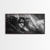 Surfer Waving A Skull and Crossbones Flag While Surfing - Framed Canvas Print - Cool Modern Art - Office / Mancave Decor Gift For Him