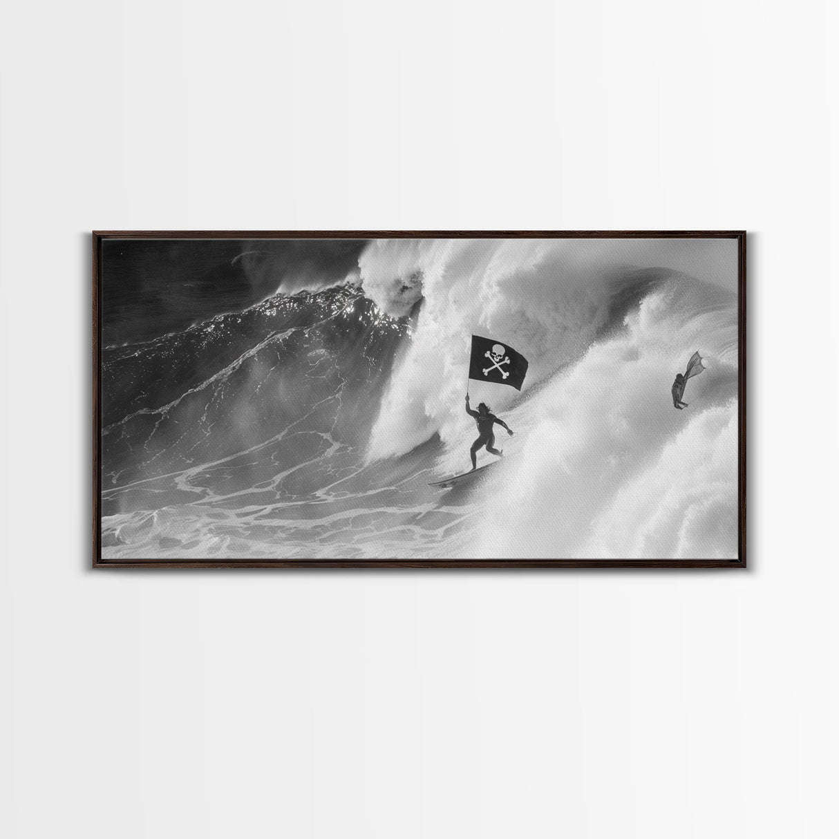 Surfer Waving A Skull and Crossbones Flag While Surfing - Framed Canvas Print - Cool Modern Art - Office / Mancave Decor Gift For Him
