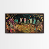 Colorful Haunted Grave Yard In The Spring Time, Framed Canvas Print, Spooky Wall Art, Halloween Spooky Season Decor
