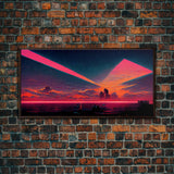 Cyberpunk lake art, city canvas, video game concept art, living room wall art, dystopian art, outrun city at sunset, man cave canvas print