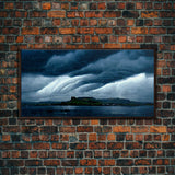 Rainstorm wall art, canvas print, ready to hang, fast moving storm over an island castle, cool wall art