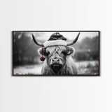 Highland Cow Wearing Santa Hat, Festive and Fun Framed Canvas Print for Holiday Wall Art, Living Room or Bedroom Decor