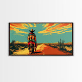 Lone Cowboy with Cactus in Desert, Perfect Living Room Art, Framed Canvas Print, Rustic Home Decoration, Boho Wall Art