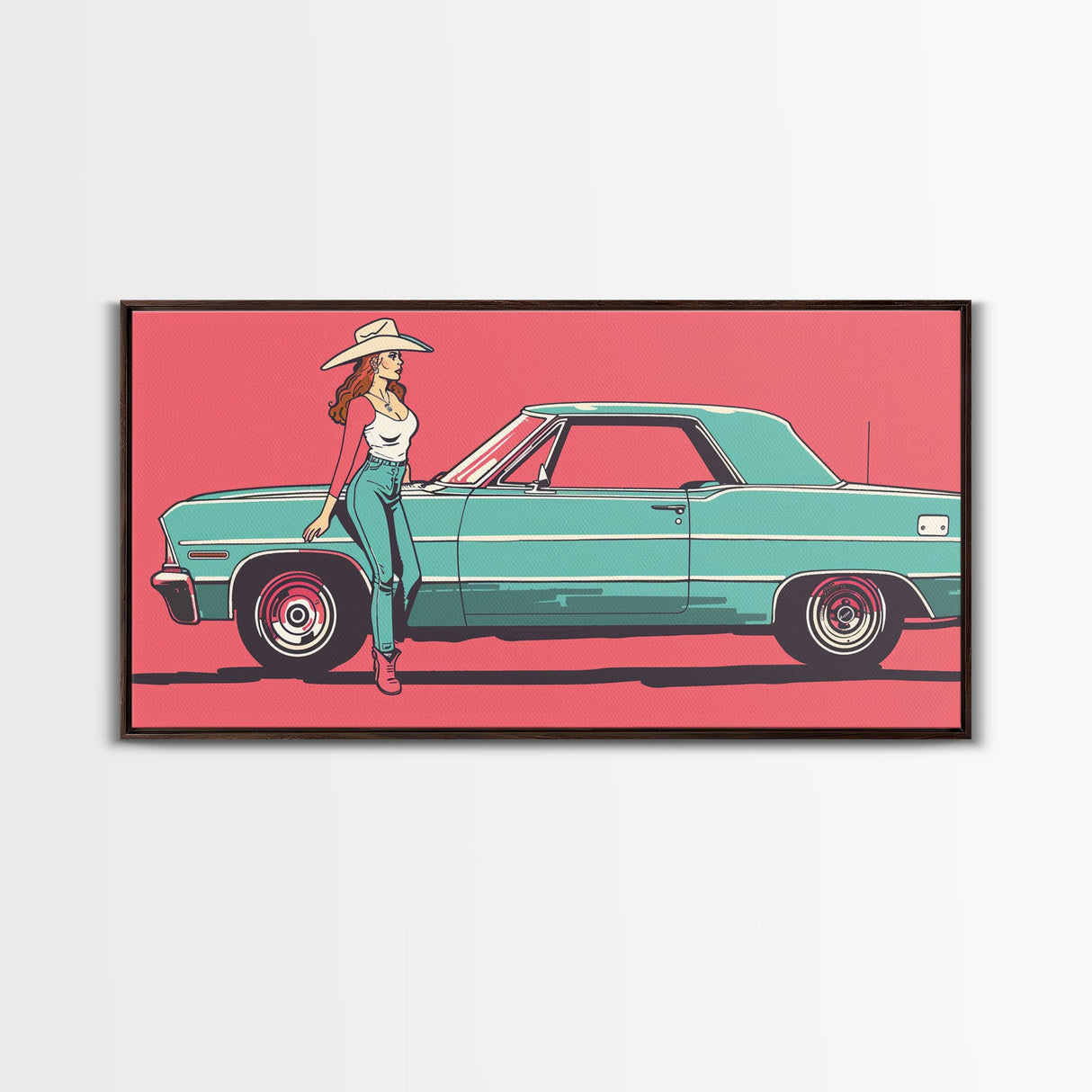 Cowgirl Leaning Against Classic Car in Pop Art Style, Vibrant Framed Canvas Print for Bedroom, Perfect Living Room Wall Art