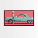 Cowgirl Leaning Against Classic Car in Pop Art Style, Vibrant Framed Canvas Print for Bedroom, Perfect Living Room Wall Art