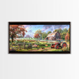 Tranquil Farm Scene with Red Barn and Tractor, Idyllic Rural Art, Framed Canvas Print, Country Wall Decor, Living Room Decoration