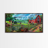 Green Tractor and Red Barn with Farm Animals, Vibrant Rural Art, Framed Canvas Print, Country Wall Decor, Living Room Decoration